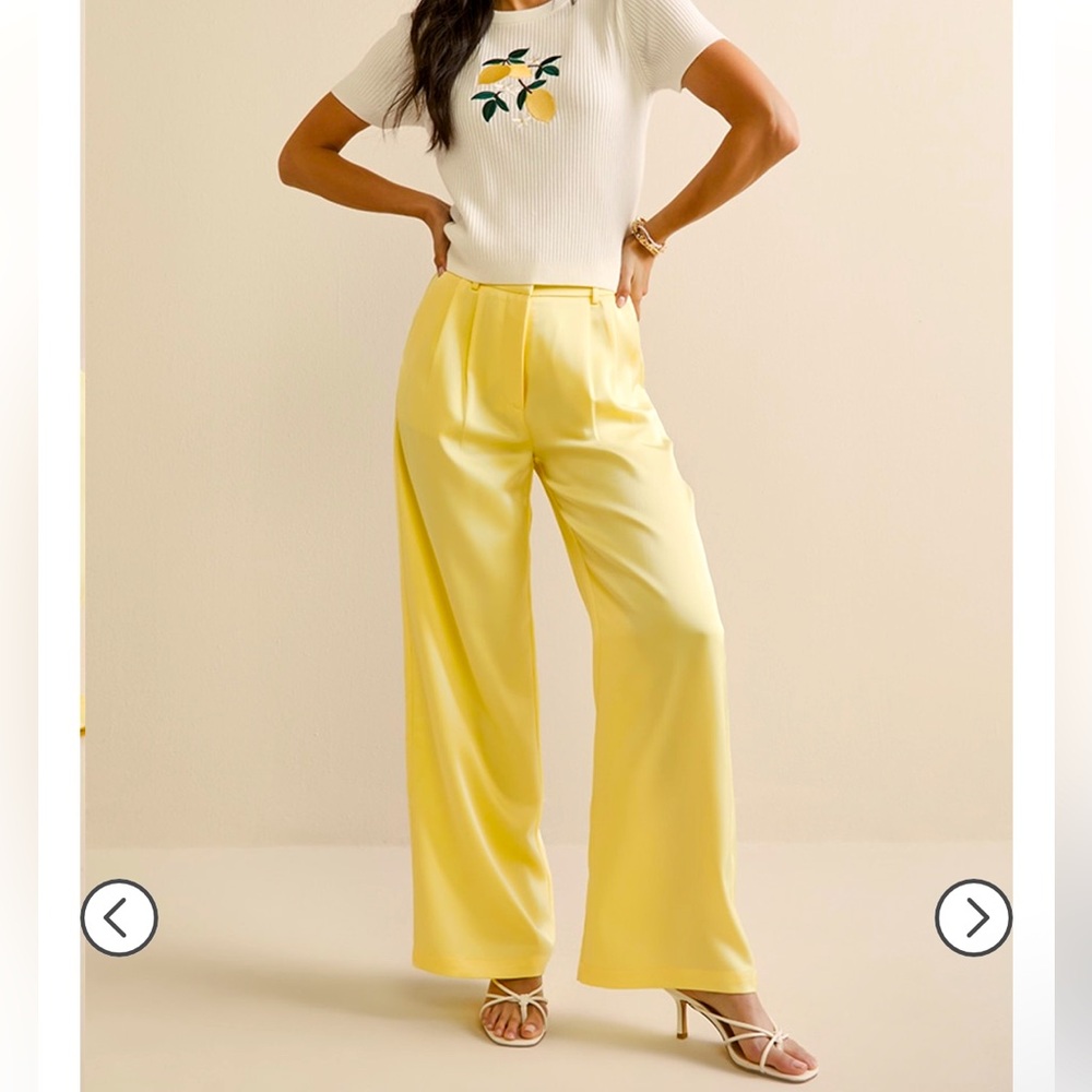 Butter Yellow Elegant Yellow Women's Wide-Leg Pants - Picture 3 of 3